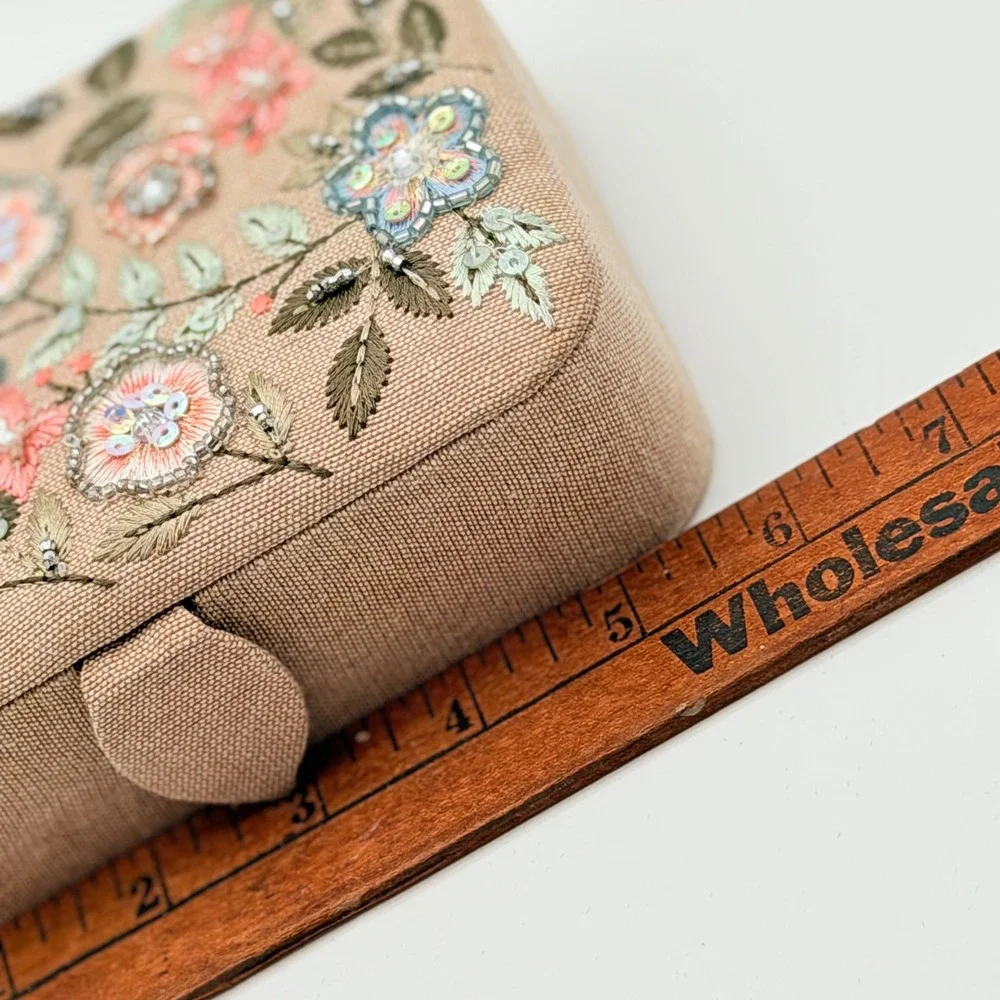 Floral Embroidered Beaded Jewelry Box Travel Case Tan Linen Boho Cottagecore